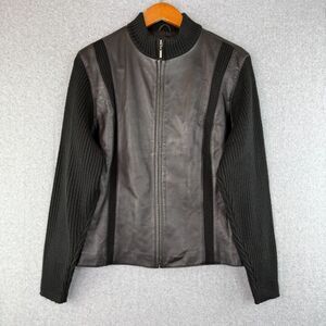 Worthington Black Leather Zip Up Jacket Black Knit Sleeves 90s Classic Preppy XL